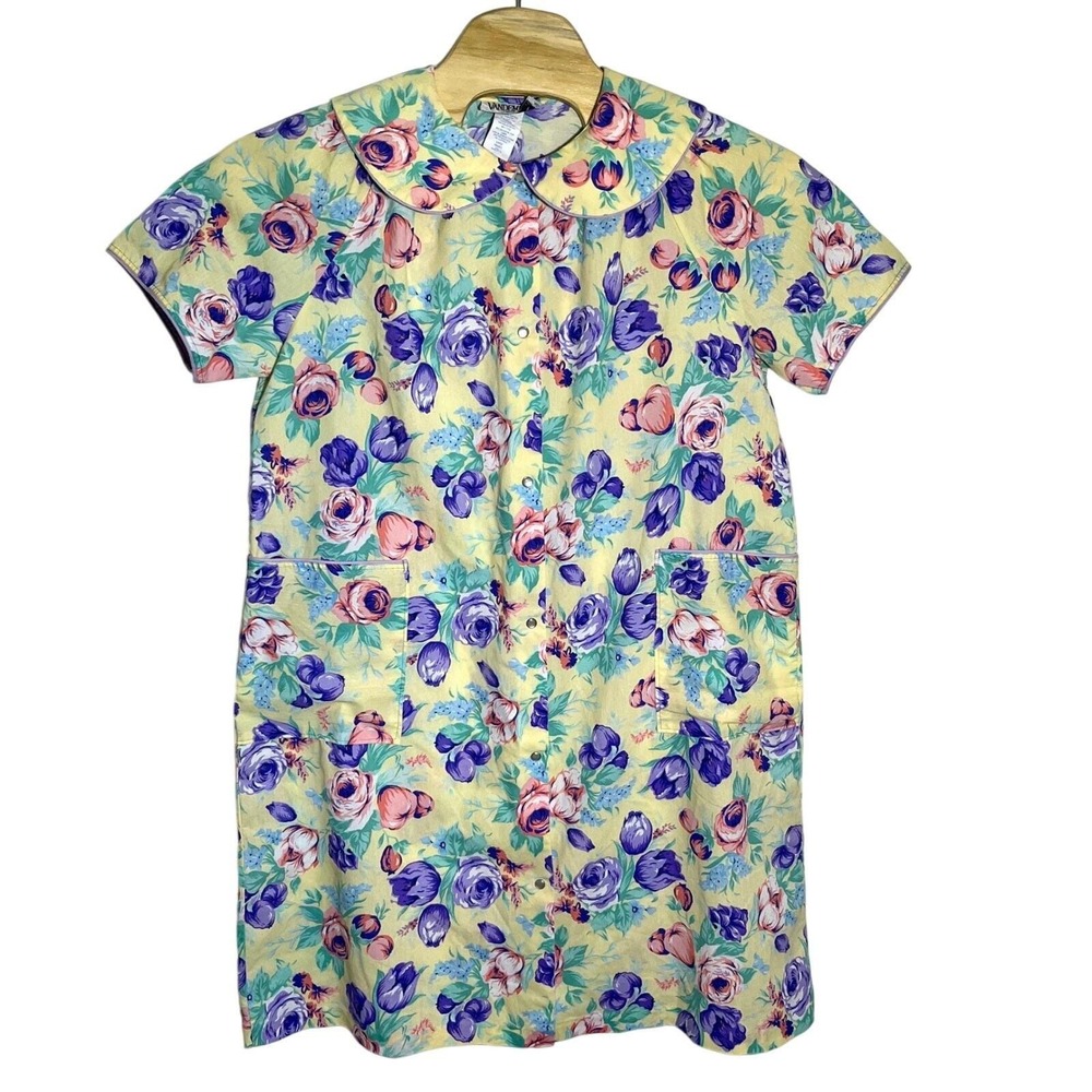 Vandermere Floral Dress House Coat Cottagecore Button Front Short Sleeve Large